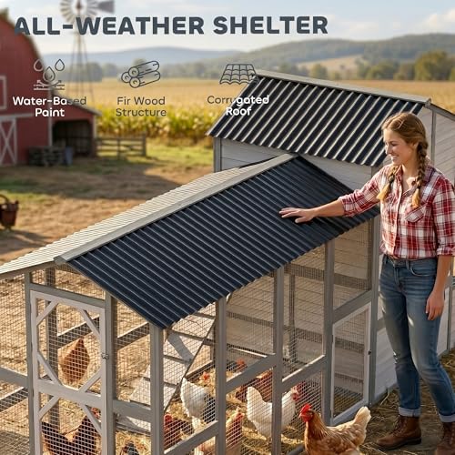 PawHut 147" Extra Large Chicken Coop Wooden Hen House for 8-10 Hens Gray | Outdoor Poultry Hutch with Run, Removable Tray, Nesting Box, Ramp for Duck Rabbit, Ventilated Windows