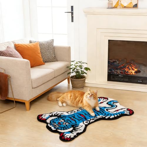 Tibetan Tiger Rug, Blue Tiger Bath Mat Fun Animal Bathroom Rug | 24 x 40 In, Soft Plush Pile, Non-Slip Backing, Washable, Irregular Shape, Bedroom and Living Room Floor Accent - color: Blue