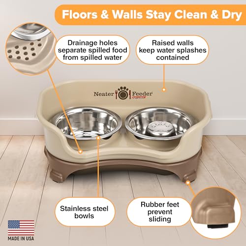 Neater Feeder Express Mess Proof Dog Bowls Elevated for Small Breeds Under 15 Lb, Made in USA, No Spill Raised Dog Food Bowl Stand, Stainless Steel Slow Feed and Standard Water Bowl Set, Cappuccino - color: Cappuccino, size: Small w/ Metal Slow Feed Bowl