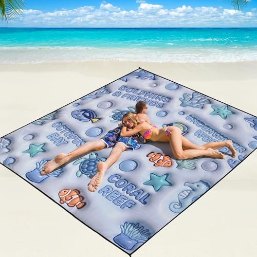 WIWIGO Beach Blanket Mat Waterproof Sandproof for 2-8 Adults Quick Drying | Extra Large, For 2-8 Adults,Windproof, Outdoor Picnic Mat, Beach Accessories Must Have,Gifts, for Travel, Camping, Hiking - color: 3d - Ocean Light Blue, size: 79" X 83"（1-4person
