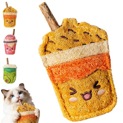 Natural Loofah Chew Cat Toys Janpanese Style, Dental Care Silvervine Sticks for Indoor Cats and Kittens, Milk Tea Cup-Shaped Catnip Treat Toys (Brown) - color: Brown