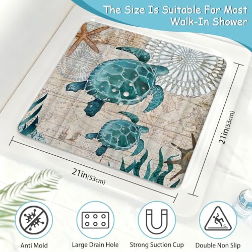 Sea Turtle Square Anti Slip Shower Mats for Inside Shower Accessories, Cute Bath Mats for Bathroom Non Slip Shower Floor Mat Decor Rubber Bathmat With Suction and Drain Holes Machine Washable, 21″X21″ - color: B02, size: 21" x 21" (Square)