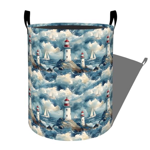 Nautical Lighthouse with Sailboat Scene Laundry Basket with Handles, 19.7"x15.7" Clothes Foldable Laundry Hamper Organizer for Dorm Nursery Bedroom Bathroom Decor, Toy Storage Bin for Kids - style: Lighthouse08