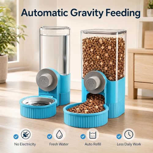 Automatic Rabbit Feeder and Water Dispenser Set,40oz Gravity Food Feeder&17oz Leak-Proof Water Bottle for Guinea Pigs,Hamsters,Chinchillas,Ferrets, Small Animals,Cage Mount Feeding Station Blue