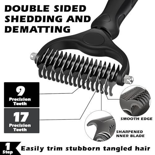 Professional 3PCS Self Cleaning Slicker Brush & Pet Grooming Rake & Flea Comb for Dogs,Cats and Horses | Double-Sided Dematting Comb & Skin Friendly Deshedding Grooming Tool | Pet Supplies (Black) - color: Black