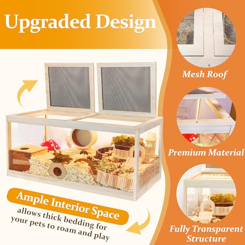 PROLEE Hamster Cage with Metal Mesh Top, Chewproof Wooden Guinea Pig Cages, Mice and Rat Habitat,Large Hamster Cages with Acrylic Sheets Solid Built (32X16X16 Inch) - size: 32.0"L x 16.0"W x 16.0"H
