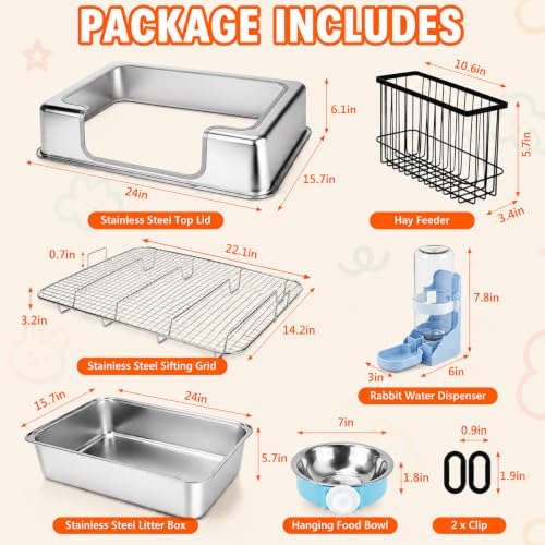 BWOGUE Extra Large Stainless Steel Rabbit Litter Box with Grid for Bunnies | Large Rabbit Litter Box, 23.6 x 15.7 x 11.2 in, High Sides, Removable Grid, Easy to Clean, Prevents Odors and Stains