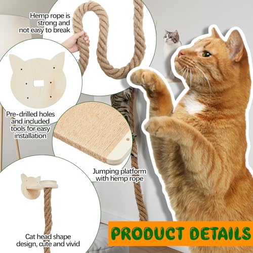 Weysat 2" x 4.92 ft Cat Climbing Rope with 2 Jumping Platform Wall Mounted Thick Jute Cat Scratching Post Furniture Wall Climbing System for Kittens & Large Cats(Wood,Kitten Head) - color: Wood, style: Kitten Head
