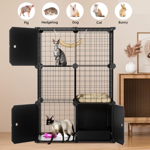 PAWING Cat Enclosure Indoor with Litter Box, 3-Tier Metal Wire Cat Cage, DIY Detachable Design for Cats, Kittens & Small Animals, Multi-Level Kennel - size: 23.6"L x 15.7"W x 35.4"H