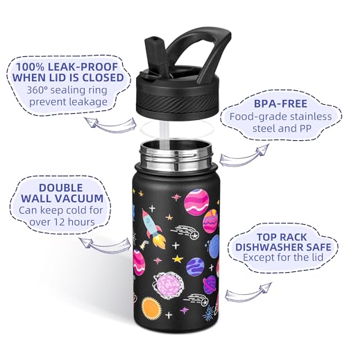 Fanhaw 14 oz Kids Water Bottle for School, Insulated Water Bottle with Straw Lid, Stainless Steel Vacuum Insulated Bottle for Boys & Girls, Leak-Proof, BPA Free(Black - Solar System) - color: Black - Solar System