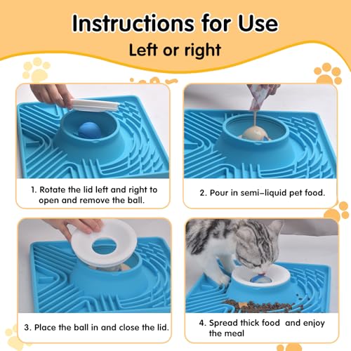 Slow Feeder Dog Bowl with Rolling Ball, 6 to 7 Cup Large Capacity, Anti-Slip Silicone Lick Mat for Liquid Treat,Interactive Puppy Licking Toy for Large, Medium, Small Dogs and Cats, Blue