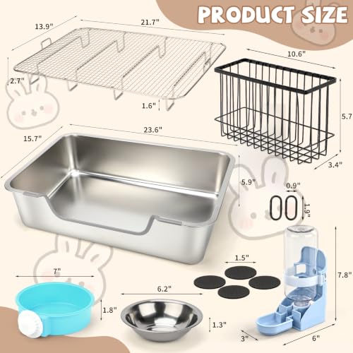 BWOGUE Large Stainless Steel Rabbit Litter Box, High-Sided Bunny Litter Box | Extra Large Rabbit Litter Box, Raised Grid for Waste Separation, Hay Feeder, Easy-Clean Metal Tray, Small Animals - size: XL:23.6in ×15.7in × 5.9inches