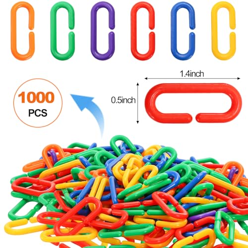 1000 Pieces Plastic C-Clip Hooks Chain Links, Interchangeable Rainbow C-Links Kids Learning Toys for Classroom Preschool, Sugar Glider Swing Climbing Cage Toys for Small Pet Rat Parrot Bird