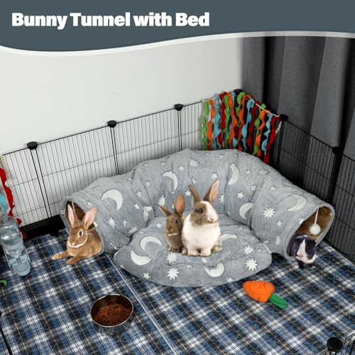 BWOGUE Bunny Tunnel Bed, 2-in-1 Collapsible Rabbit Tunnel Hideout with Mat | Rabbit Tunnel for Indoor Bunnies, Glows After Light Exposure, Removable Mat, Ball Toy for Play, Cats and Guinea Pigs - color: Grey