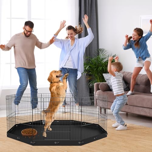 VEVOR Foldable Metal Dog Exercise Pen, Pet Playpen Dog Fence for Camping with Bottom Pad, 24" H 8 Panels, Puppy Crate Kennel Indoor Outdoor for Small & Medium Dogs, Both for Home & Yard Use - size: 8 panels 24*24in, style: Playpen + Bottom Pad