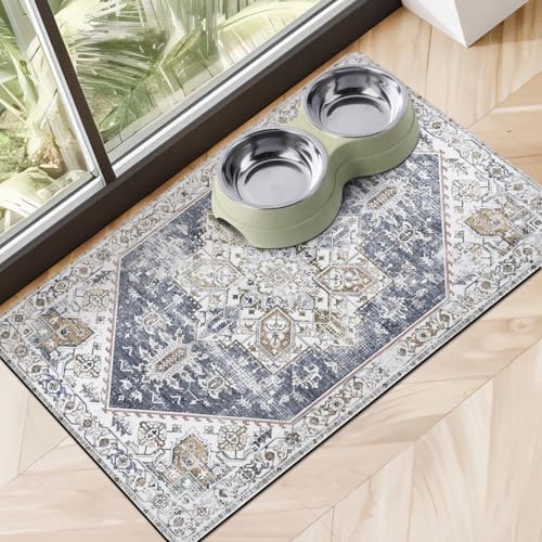 Dog Food Mats for Floors Absorbent, Pet Cat Food Mat - Non Slip Dog Bowl Mats for Food and Water, Eco-Friendly Boho Dog Placemats Feeding Mat Pet Supplies - color: Grey Blue, size: S(12"×20")