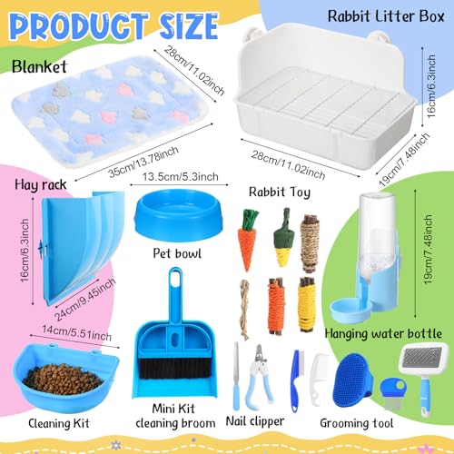 20 Pcs Rabbit Starter Kit Small Bunny Litter Box Animal Grooming Kit with Hanging Pet Bowls Water Bottle Bunny Toys Flannel Blankets with Cleaning Set for Guinea Pig Rabbit Accessories(Blue) - color: Blue