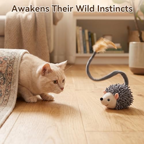Migipaws Interactive Hedgehog Cat Toy 360° Rolling & Spin with Soft Plush Tail for Indoor Cats Smart Motion Sensor, Realistic Squeak, Rechargeable Plush Kitten Toy (Grey)