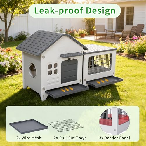 Plastic Rabbit Cage Outdoor Indoor, Bunny Cage Guinea Pig Cages with Run | Waterproof Rabbit Hutch Leak-Proof Pull-Out Tray&Chew-Proof, Easy-Clean & Ideal for Small Animal Cage Enclosure - size: 45.3"L x 20.1"W x 27.2"H