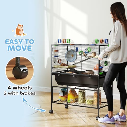 PawHut Large Hamster Cage with Deep Tray, 3 Tier for Syrian Gerbil Mouse | Rolling Rat Cage, Storage Shelf, Big Exercise Wheel, Tube System, Hut, Platforms, Ramps, Food Dish, Water Bottle - size: 32.3"L x 17.7"W x 41.9"H