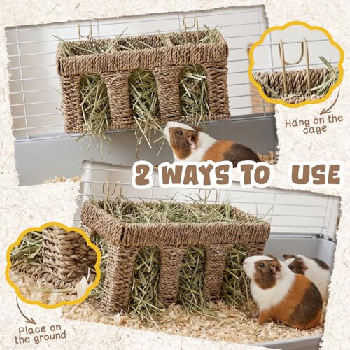 Sliner 2 Pcs Natural Seagrass Guinea Pig Hay Feeder, Five Arch Rabbit Hay Rack Holder with Metal Hanging Hook, Less Waste for Bunny Chinchillas, Small Animal Cage Accessories, Pet Gifts