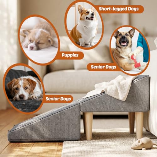 Foldable 15 Inch Dog Ramp, Ramply Split Ottoman with Detachable Washable Treads, 2-in-1 Folding Pet Ramps Stairs for Couch and Bed, Sturdy Ramp for Cats and Small to Medium Dogs - color: Light Gray