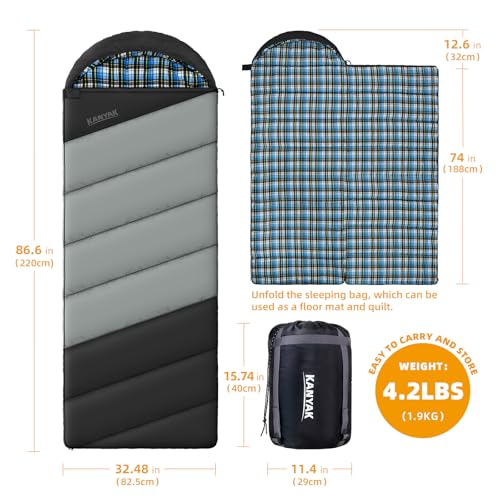 Cotton Flannel Lined Sleeping Bag for Adults Teens Kids, Cold Weather & Warm, 3 Seasons, Lightweight Compact Camping Essentials Equipment, Hiking, Outdoor, Travel - color: Black Grey