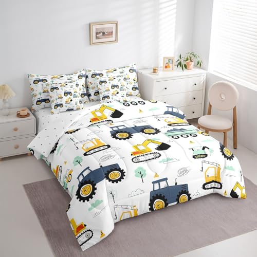 Erosebridal Cartoon Car Kids 7 Pcs Comforter Set Twin,Kids Construction Vehicles Bed in a Bag for Boys Girls Teens,Tractor Machinery Trucks Bedding Set,Excavator Construction Site Cars Fitted Sheet - color: Blue Green Yellow, size: Twin