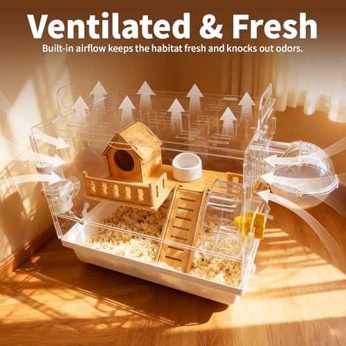 Acrylic Hamster Cage, 2-Tier Hamster Cage with Wooden Accessories for Dwarf Syrian Hamsters,14"x10"x*11" Clear Pet Mice Small Hamster Habitat Gerbils House