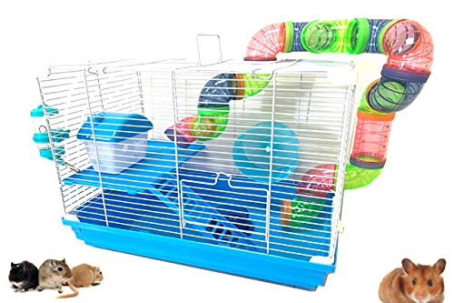 Mcage 2-Levels Hamster Habitat Home House Rodent Gerbil Mice Rats Animals Critters Cage Expansible and Customizable with Hide House Running Wheel Food Dish Water Drinking Bottle Deep Base - color: Blue, size: 19"L x 12"W x 15"H | 2-Floors