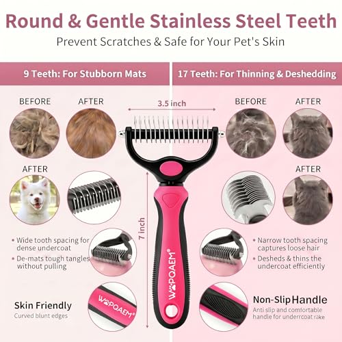 5-in-1 Dog Grooming Kit with Self Cleaning Brush & Rake, Pink | Professional Long & Short Haired Dog Hair Remover Set with One-Click Self-Cleaning Shedding Brush & Undercoat Rake for Cats - color: Pink