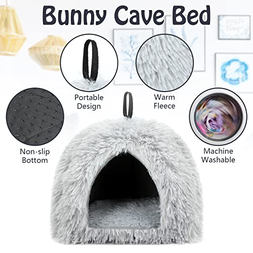 YUEPET Bunny Hideout, Cozy Rabbit Bed House for Small Pets, Grey | Long Plush Guinea Pig Cave Bed, Removable Washable Pad, Non-Slip Base, Warm Rabbit Hideaway for Guinea Pig Ferret