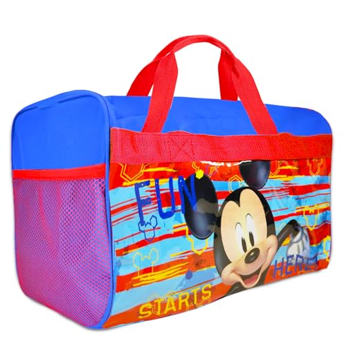 Disney Mickey Mouse Duffle Bag Set for Boys, Kids ~ 4 Pc Bundle With Mickey Carry On Travel Bag, Stickers, Door Hanger, and More | Mickey Mouse Sleepover Travel Activity Set