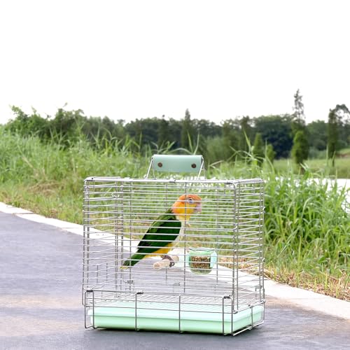 Bird Carrier Travel Cage - 304 Stainless Steel Portable Folding Bird Travel Cage with Parrot Feeder Cups & Standing Perch for Smaller Birds Conures Lovebird Cockatiel Parakeets (Green) | Easy install, includes carry bag. Rustproof, chew-safe, folds flat.
