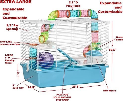 Extra Large Multi-Floors Expandable and Customizable Hamster Mansion Mouse Habitat Gerbil Home Rat House Small Animal Critter Home Cage with Hide House Excerise Running Wheel Food Bowl - color: Blue, size: 23"L x 14"W x 18"H