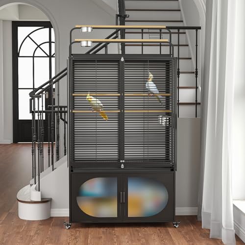 GDLF 72-Inch Parrot Bird Cage with Play Top and Storage Cabinet | Includes a UV-blocking cover, removable cleaning tray, four stainless steel bowls, perches, and lockable rolling casters