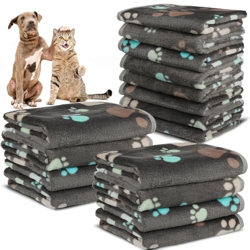 12 Pcs Small Dog Blanket Fleece Puppy Blankets Washable Pet Blankets for Cats Soft Flannel Paw Printed Throw for Guinea Pig Indoor Kittens Doggie (23 X 16 Inch,Dark Gray) - color: Dark Gray