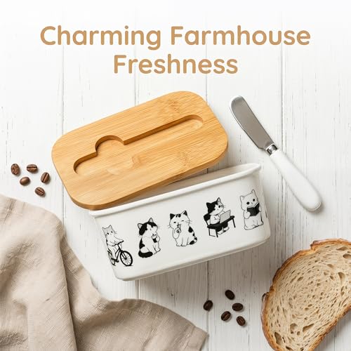 Cute Cat Kitten Print Ceramic Butter Dish with Bamboo Lid & Butter Knife, Covered Butter Keeper Container Fits Standard Western Butter Stick for Kitchen Countertop Fridge Storage - color: Black