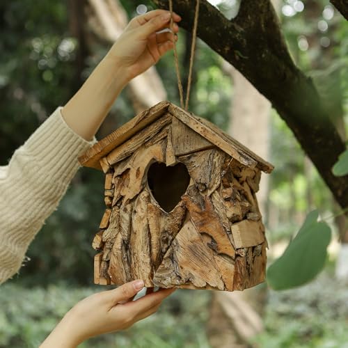 Wood Bird House Squirrel House with 2.36" Heart-Shaped Entry & Hanging Rope, Artistic Cottage-Style Outdoor Bird Feeder Garden Decoration - style: Heart-Shape Entry Hole