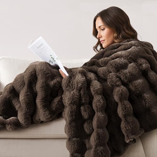 WDCOZY Luxury Bubble Throw Blanket, Brown Faux Rabbit Fur Mink Plush Throw for Couch Sofa Bed, Super Soft Fluffy Cozy Decorative Blanket, Thick and Warm, Living Room Decor, Twin 60x80 inches - color: Solid - Brown, size: Twin (60" x 80")