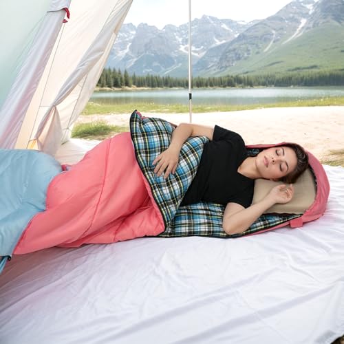 Cotton Flannel Lined Sleeping Bag for Adults Teens Kids, Cold Weather & Warm, 3 Seasons, Lightweight Compact Camping Essentials Equipment, Hiking, Outdoor, Travel - color: Pink Blue