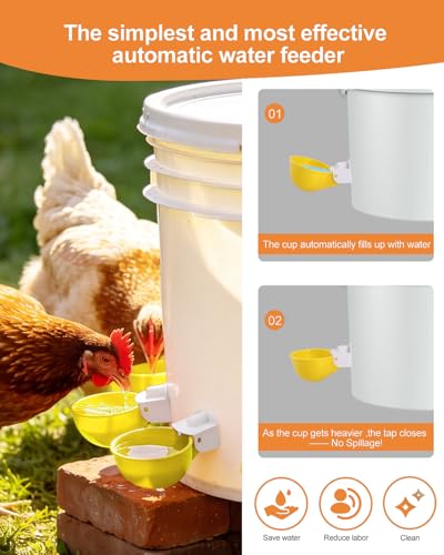 Chicken Waterer Cups (8 Pack) with 3/8" Drill Bit - Yellow | Automatic Poultry Drinker Feeder Kit for Chickens, Ducks, Turkeys, Quail, Bunnies | DIY Gravity Fed Bucket Water Dispenser - color: Yellow, size: 8 Pack + Drill bit