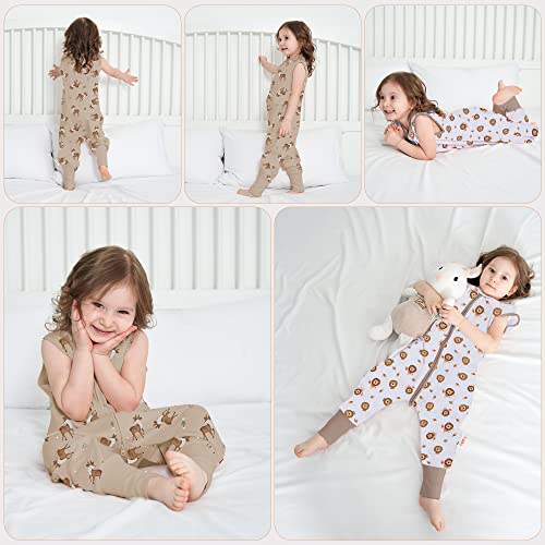 LAT Baby Sleep Sack,Summer Cotton Sleeveless Sleeping Sack Toddler with Legs,Baby Wearable Blanket with Zipper 6M-4T(2Pcs,Khaki Deer+Lion,1-2T)
