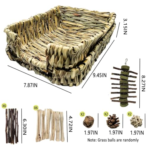 Bunny Grass Bed Mat 22Pcs Rabbit Chew Toys Set Hand-Made Woven Hay Mat | Wood&Bamboo Sticks and Timothy Grass Cake&Ball,Small Animals Teeth Grinding Chew Treat Toy for Guinea Pig - size: 22pcs