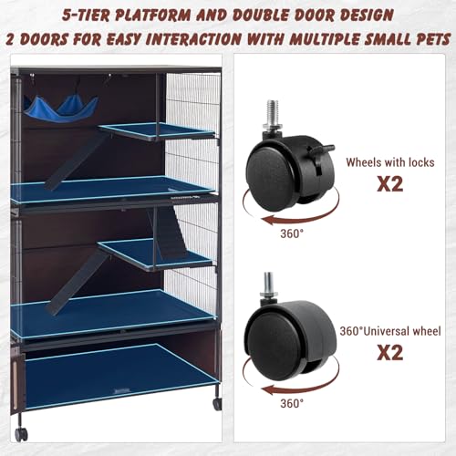 5-Tier Rolling Ferret Cage Large, 60" H Small Animal Mansion for Chinchilla/Squirrel, Multi-Level Habitat with Hammock, Lockable Doors & Ramps, Ideal for Pet Rodents, with Sturdy Back Panel