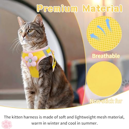 Cat Harness and Leash Set, Escape Proof Soft Vest Walk Yellow XS | Adjustable, Easy Wear, Breathable Comfy Mesh, Reflective Strips, Sturdy Clip Buckle Flower Harness for Cats Kitty Puppy Bunny - color: Lemon yellow, size: Extra Small