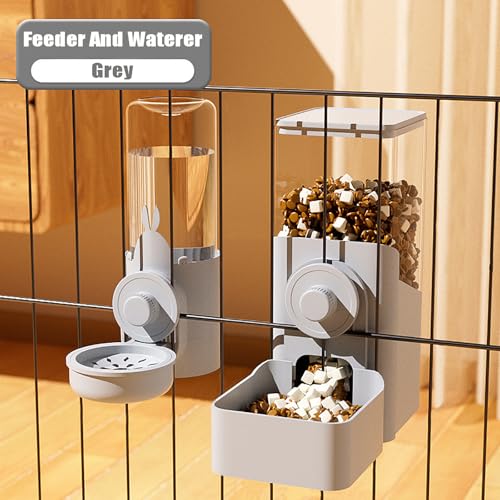 Automatic Rabbit Feeder and Water Dispenser Set,54oz Gravity Food Feeder&17oz Leak-Proof Water Bottle for Guinea Pigs,Hamsters,Chinchillas,Ferrets, Small Animals,Cage Mount Feeding Station Grey