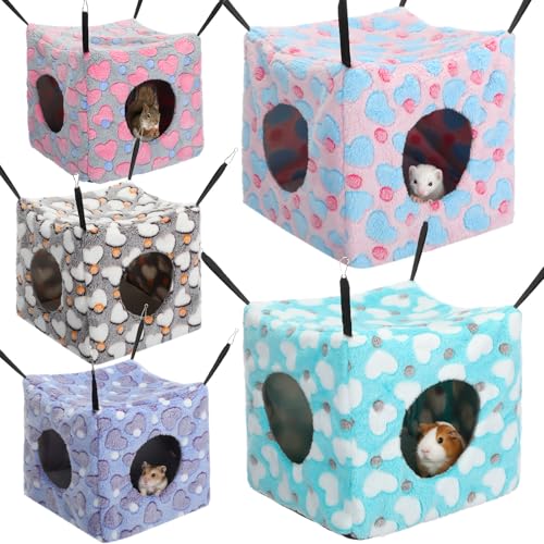 AceOrbit 5 Pcs Guinea Pig Cube Hammock Cozy Ferret Hanging Cage Hamster Hanging Toy Chinchilla Bed Hideout Plush Small Animal Bed House Squirrel Sugar Glider Reptiles(Mixed Colors,Spotted Heart) - color: Mixed Colors