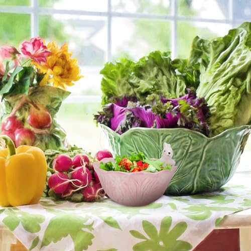 Yardwe Pink Ceramic Bunny Bowl, 5.9 Inch Cabbage Leaf Shaped Rabbit Dish for Easter Candy Dessert Snack, Cute Porcelain Animal Cereal Soup Serving Bowl for Home Kitchen Table Decoration