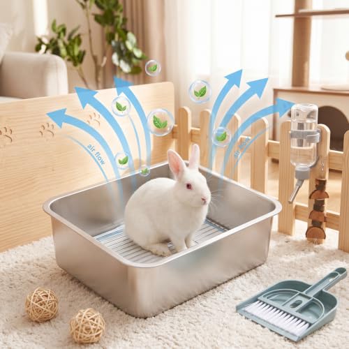Hicarer Rabbit Litter Box, Extra Large Bunny Litter Box with Stainless Steel Sifting Tray, Grid and Washable Pee Pad, Animal Toilet Potty Tray Easy to Clean and Odor Control(18" × 13.8" × 6")